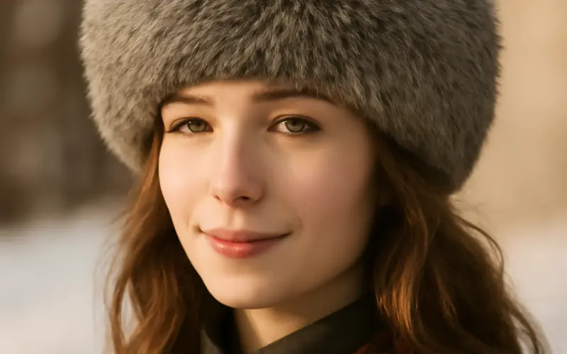 Bandeau russe gris en fausse fourrure porte en hiver