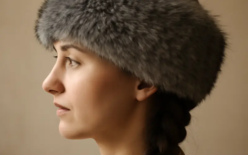 Bandeau russe gris en fausse fourrure vu de profil