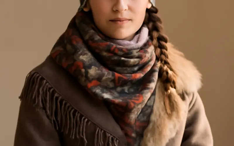 Femme portant un bandeau russe gris avec differentes tenues hivernales