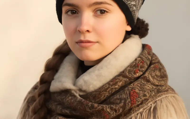 Femme portant un bandeau russe noir et gris avec tenue hivernale