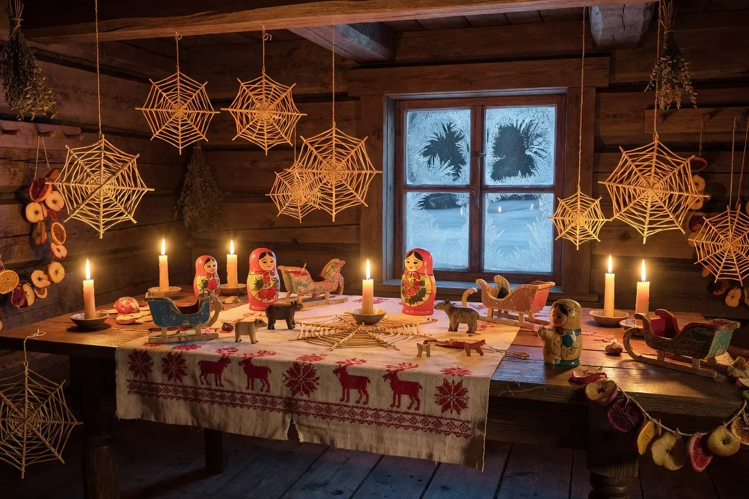 Izba russe décorée pour les fêtes d'hiver avec pauki de paille suspendus et matriochkas sur une table de fête