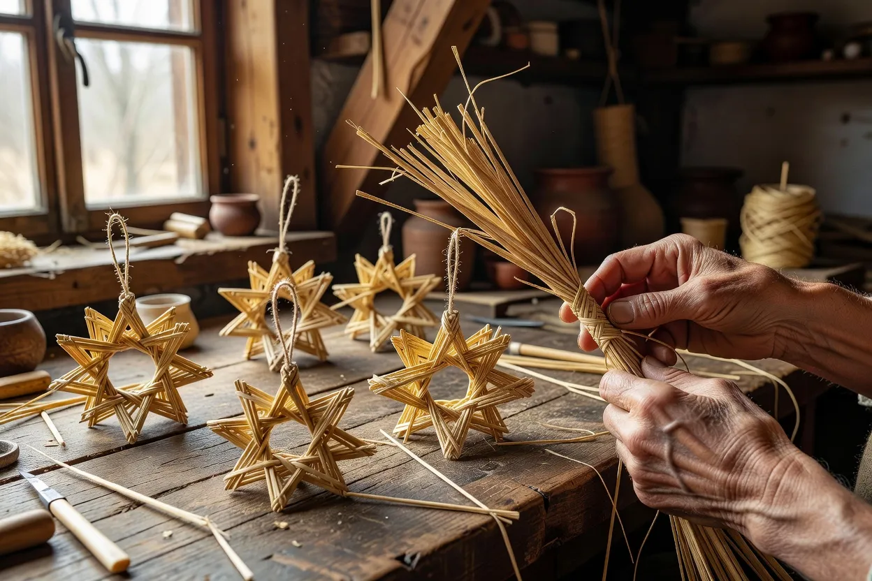 Mains d'artisan tressant des étoiles de paille traditionnelles sur un établi en bois