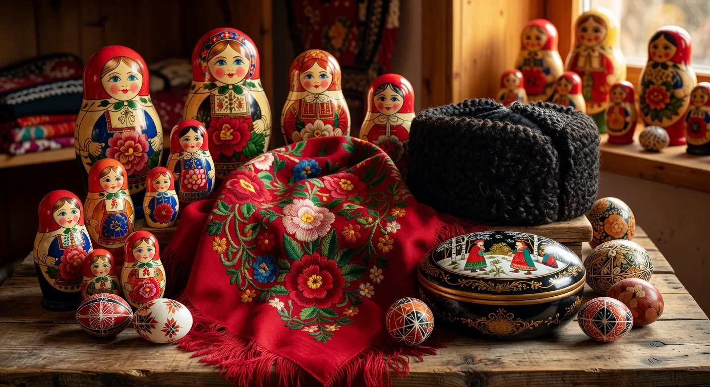 Collection d'artisanat russe authentique : matriochkas, châle Pavlovo Possad, chapka astrakan, boîte Palekh, oeufs décoratifs