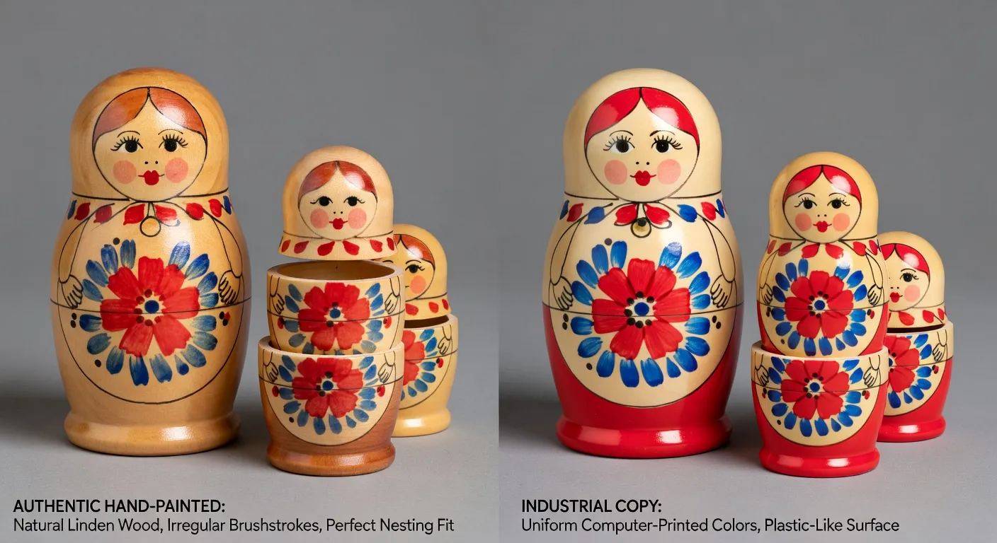 Comparaison entre une matriochka artisanale (peinture main légèrement irrégulière, bois tilleul, emboîtement parfait) et une copie industrielle (couleurs trop uniformes)