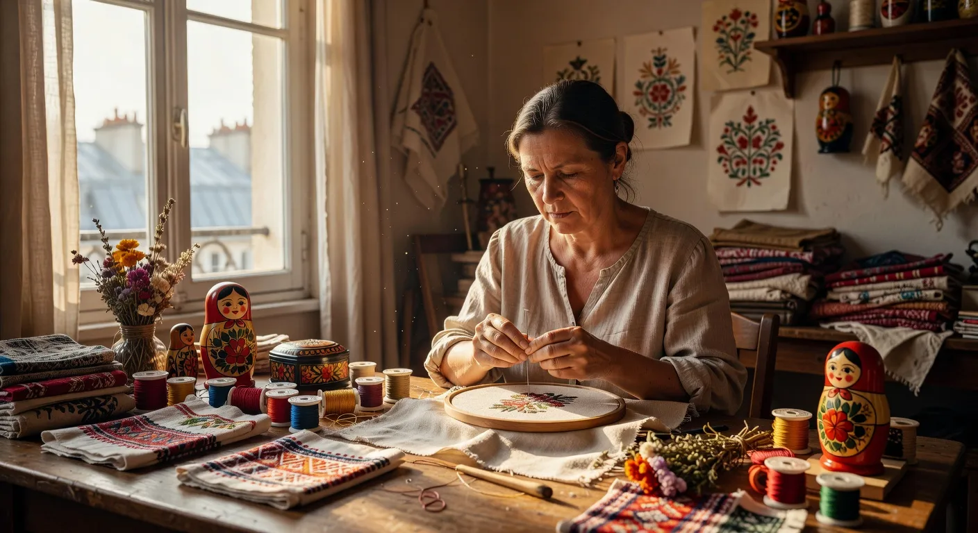 Artisane russe de la diaspora travaillant dans son atelier parisien, broderies et matériaux traditionnels sur la table