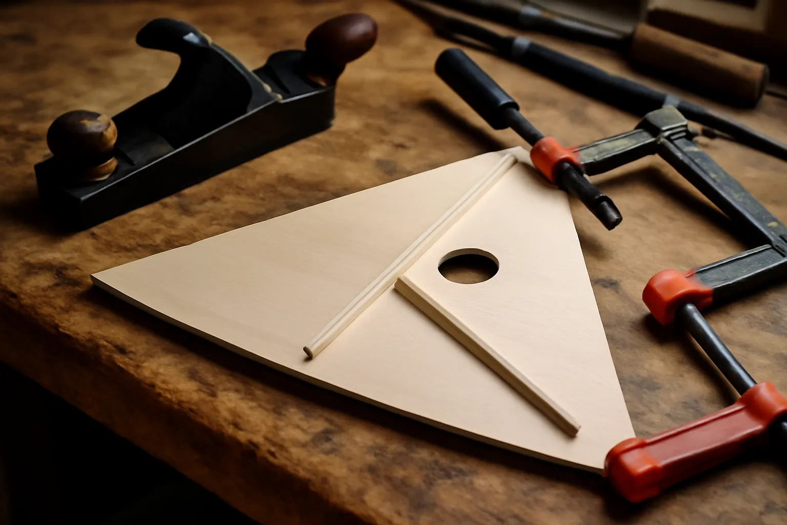 Vieux instrument à cordes pincées en bois posé sur un établi de luthier, outils de fabrication en arrière-plan