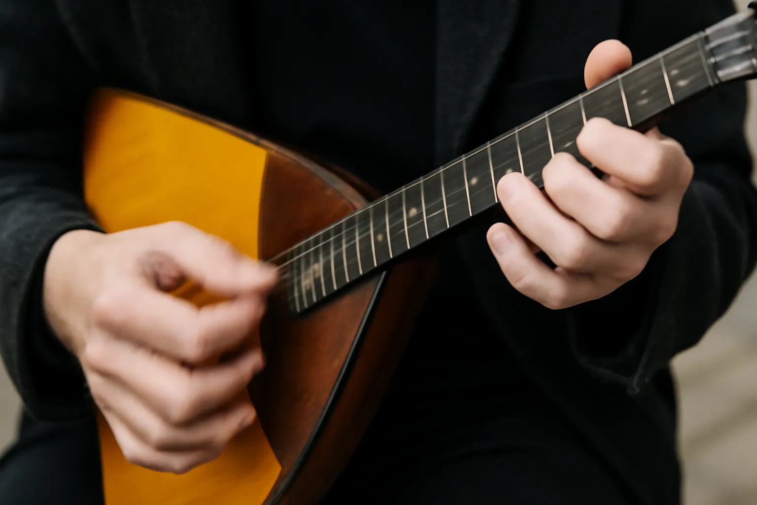 Gros plan sur les mains d'un musicien jouant du trémolo sur une balalaïka prima