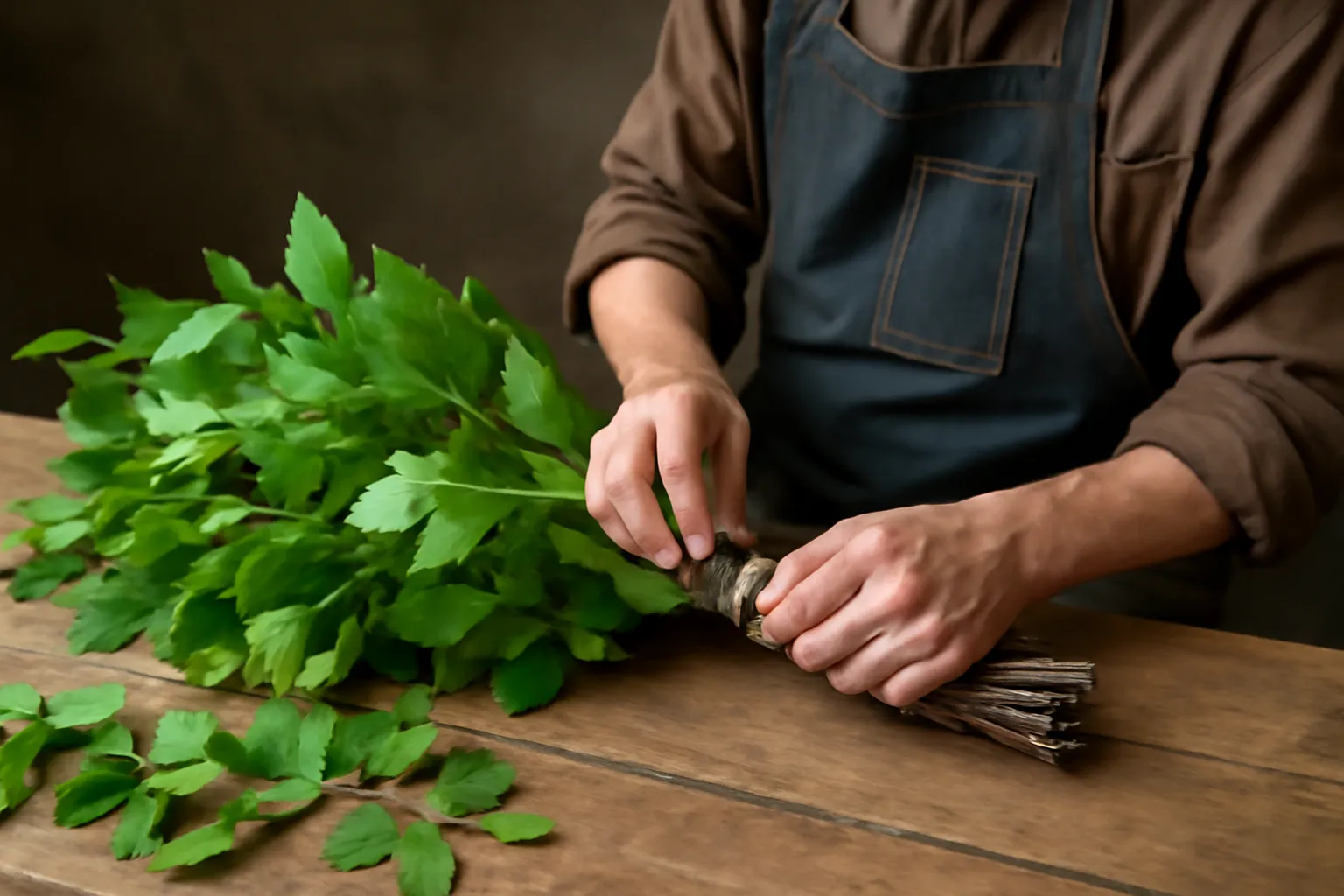 Artisan assemblant à la main un venik avec des branches de bouleau fraîches sur un établi