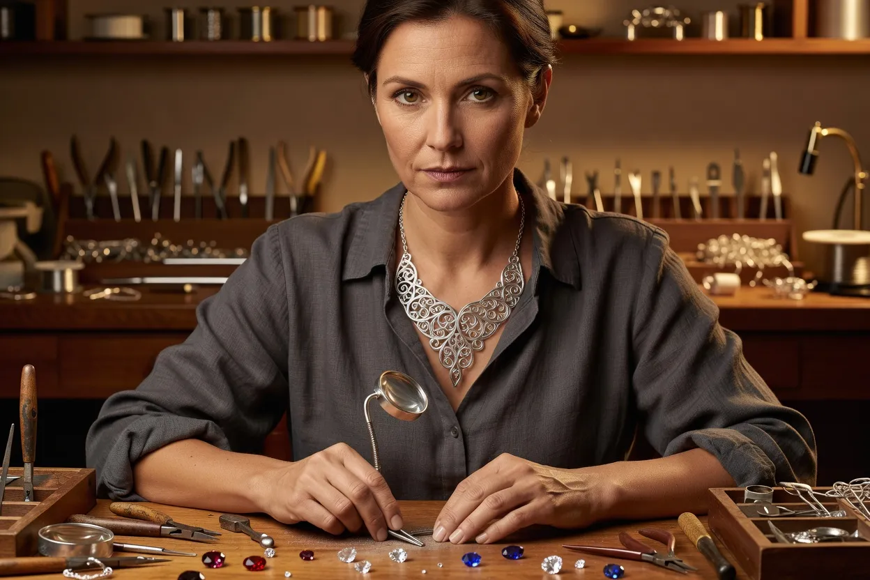 Olga Marchand-Petrova dans son atelier parisien tenant une parure en argent émaillé bleu et rouge d'inspiration slave