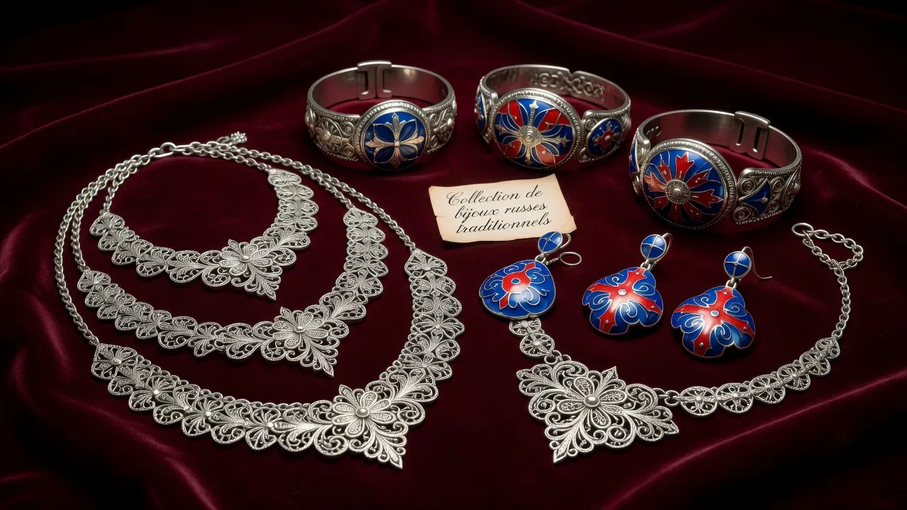 Détail d'un bracelet en filigrane d'argent slave et d'une bague en émail cloisonné turquoise côte à côte