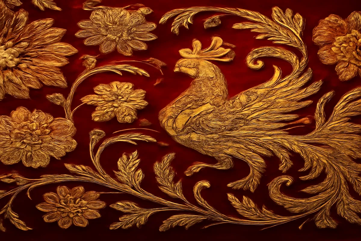 Broderie d'or traditionnelle de Torjok sur velours rouge avec motifs floraux dorés