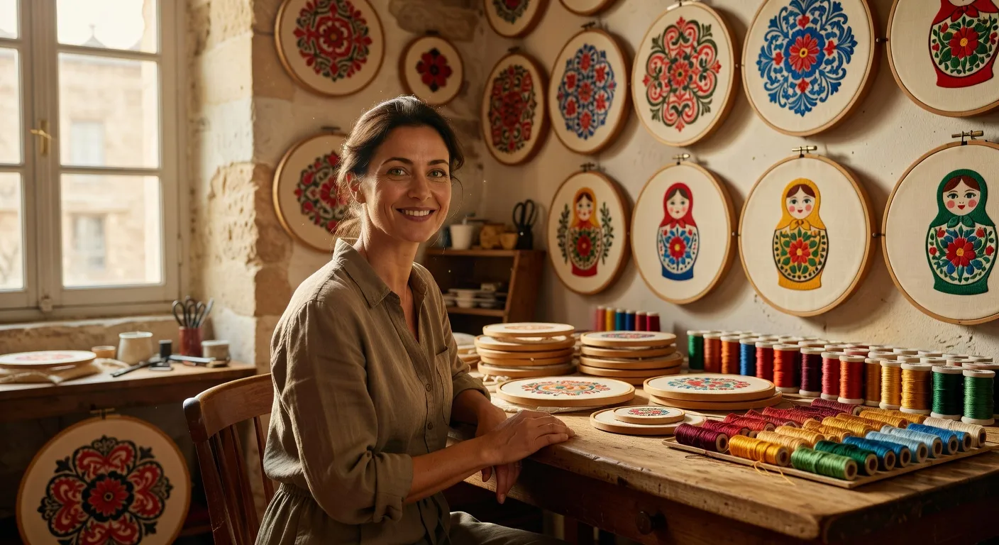 Portrait d'Hélène Marchand dans son atelier bordolais, entourée de cadres de broderie vychivka et de fils colorés
