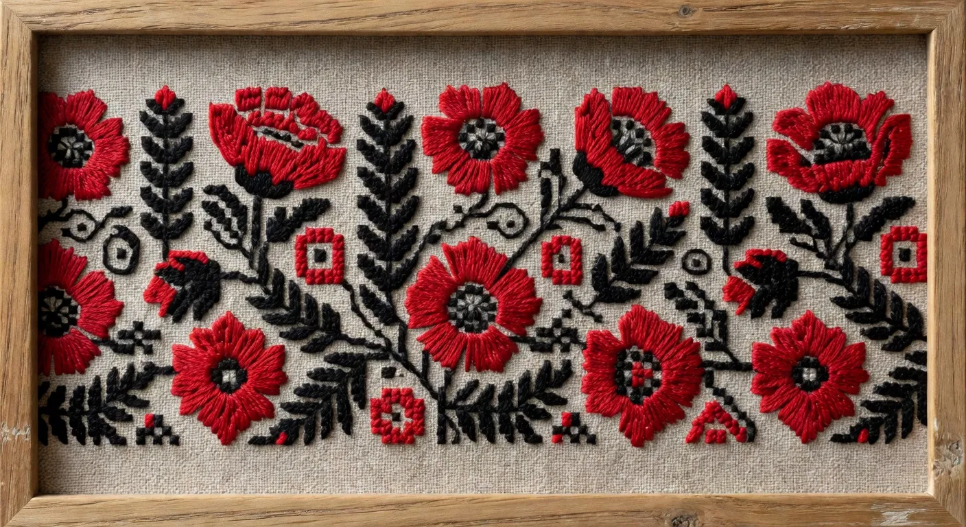 Détail d'une broderie vychivka terminée, motifs floraux russes rouge et noir sur toile de lin, dans son cadre en bois naturel