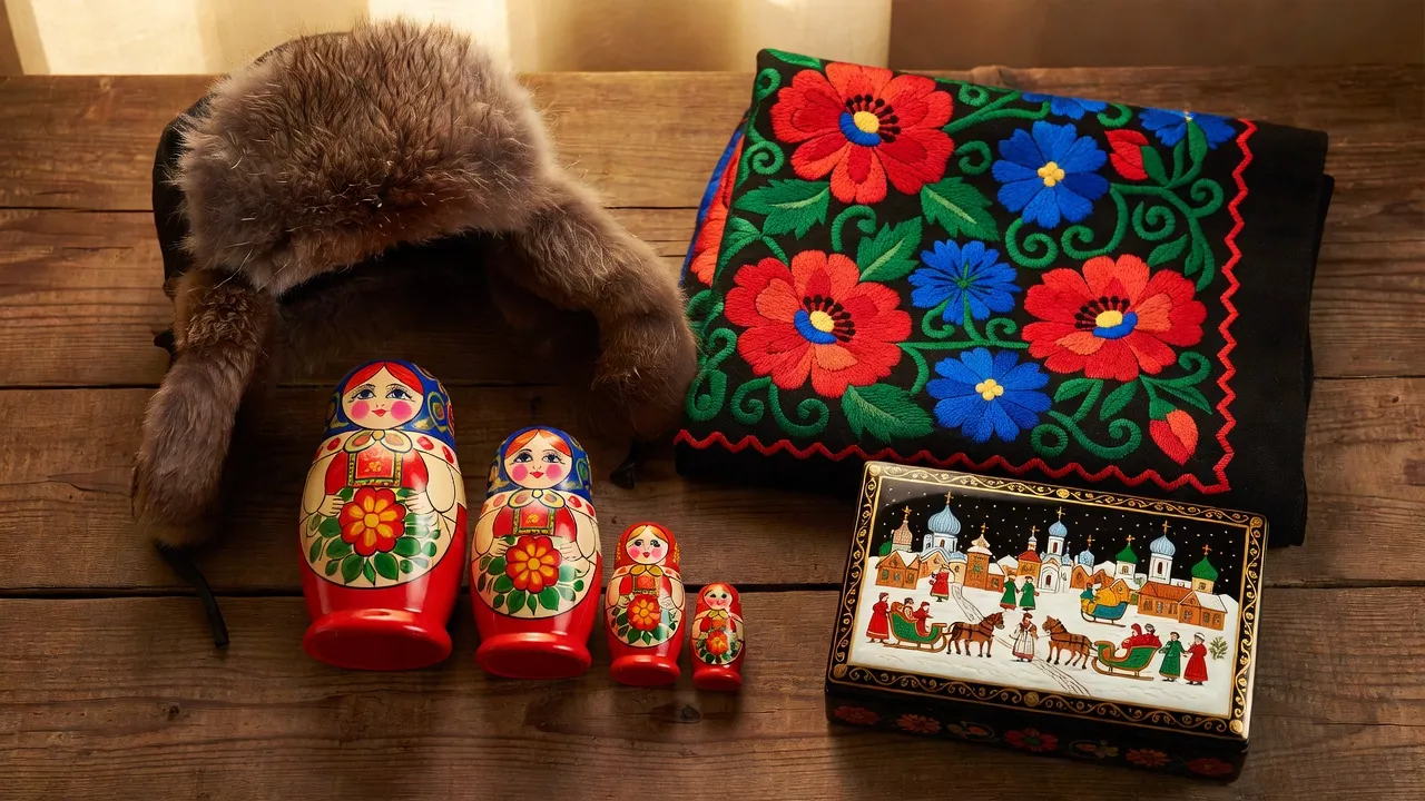 Assortiment de cadeaux russes artisanaux authentiques matriochkas châles chapkas et bijoux sur table en bois