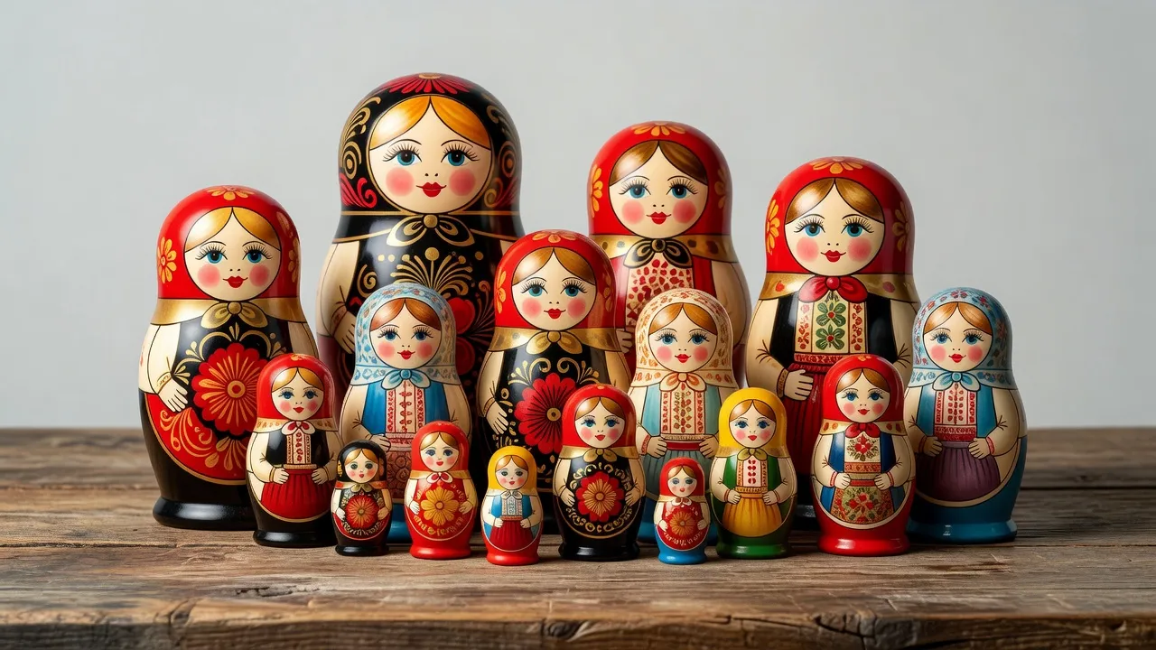 Matriochkas peintes à la main en styles Semionov et Serguiev Possad côte à côte