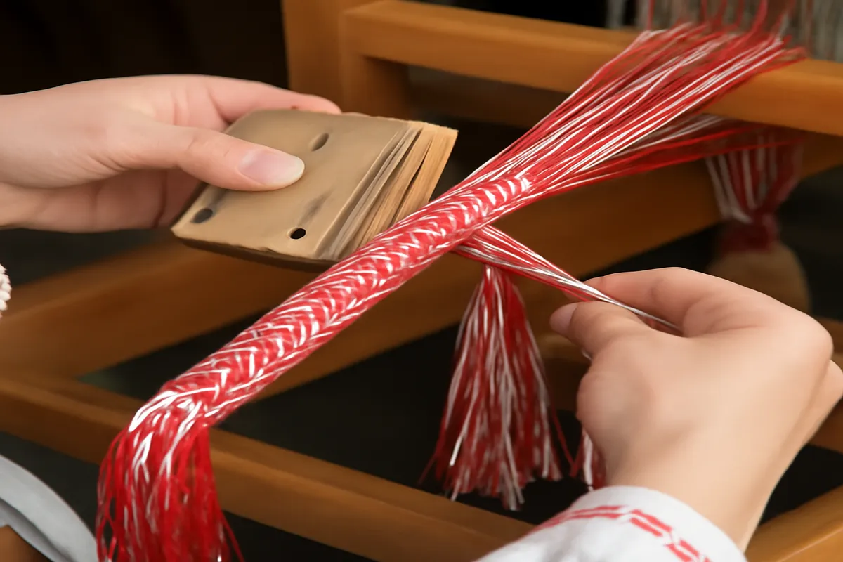 Tisserande russe travaillant un poyas sur un métier à tisser traditionnel