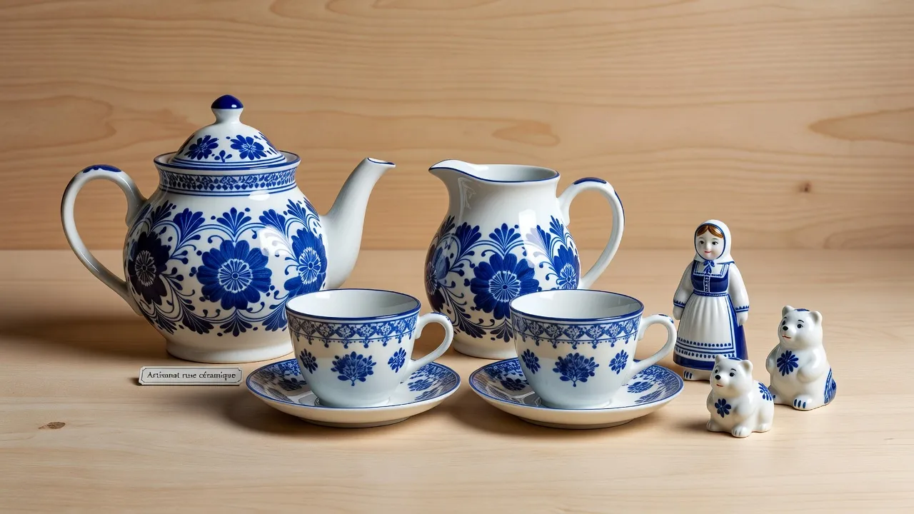Théière et tasse en céramique Gzhel bleue et blanche aux motifs floraux peints à la main sur fond blanc