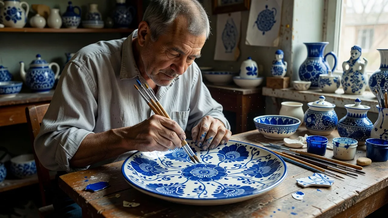 Détail d'un tableau Gzhel montrant le dégradé naturel bleu cobalt d'un coup de pinceau unique