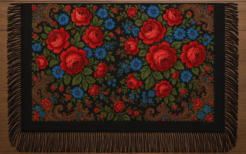 Chale de Pavlovo Possad deploye aux motifs floraux rouges et bleus sur fond sombre avec franges