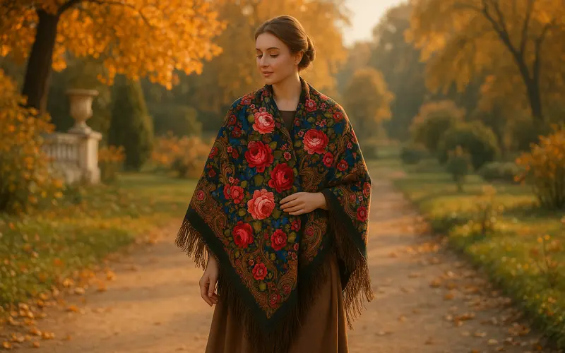 Femme portant un chale russe floral de Pavlovo Possad drapé sur les epaules dans un jardin automnal