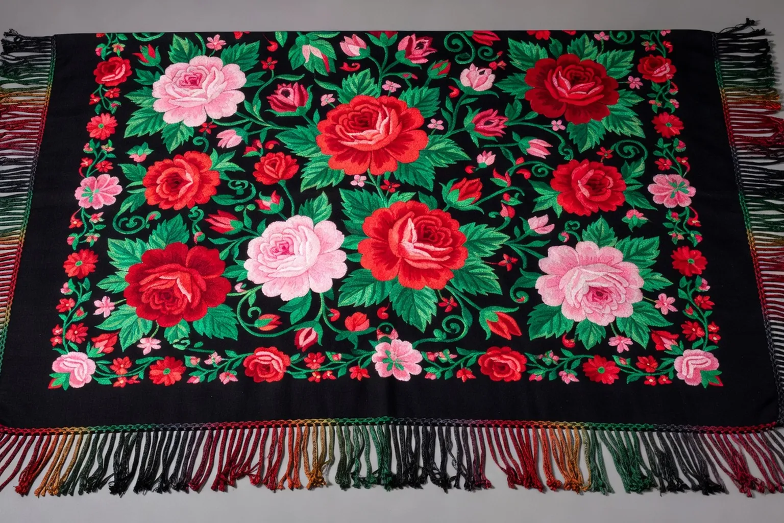 Chale russe Pavlovo Possad en laine avec motifs floraux rouges et roses sur fond noir