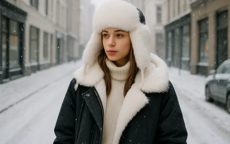 Femme portant une chapka blanche en fourrure dans un decor urbain hivernal moderne