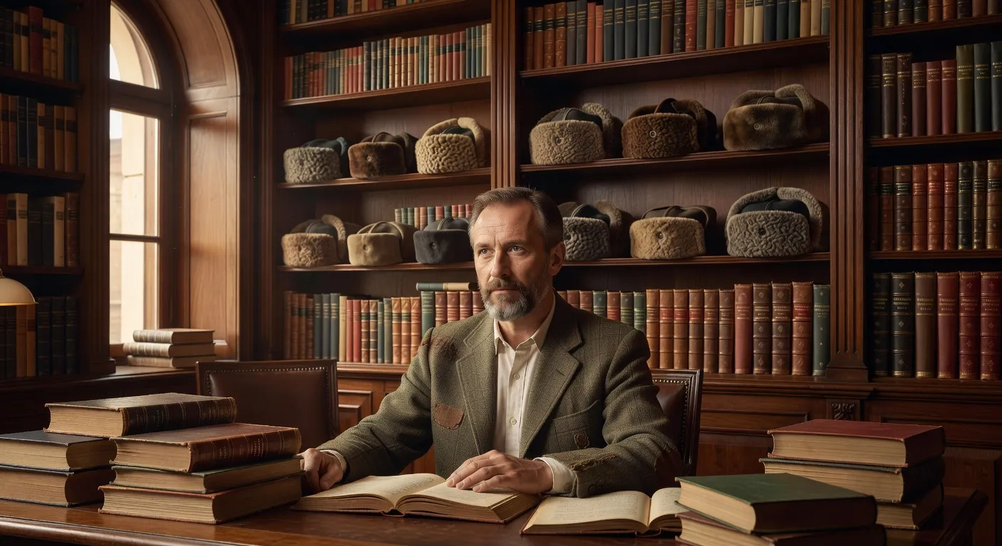 Portrait d'Alexei Dumont dans sa bibliothèque parisienne, entouré d'ouvrages sur le costume russe et une collection de chapkas
