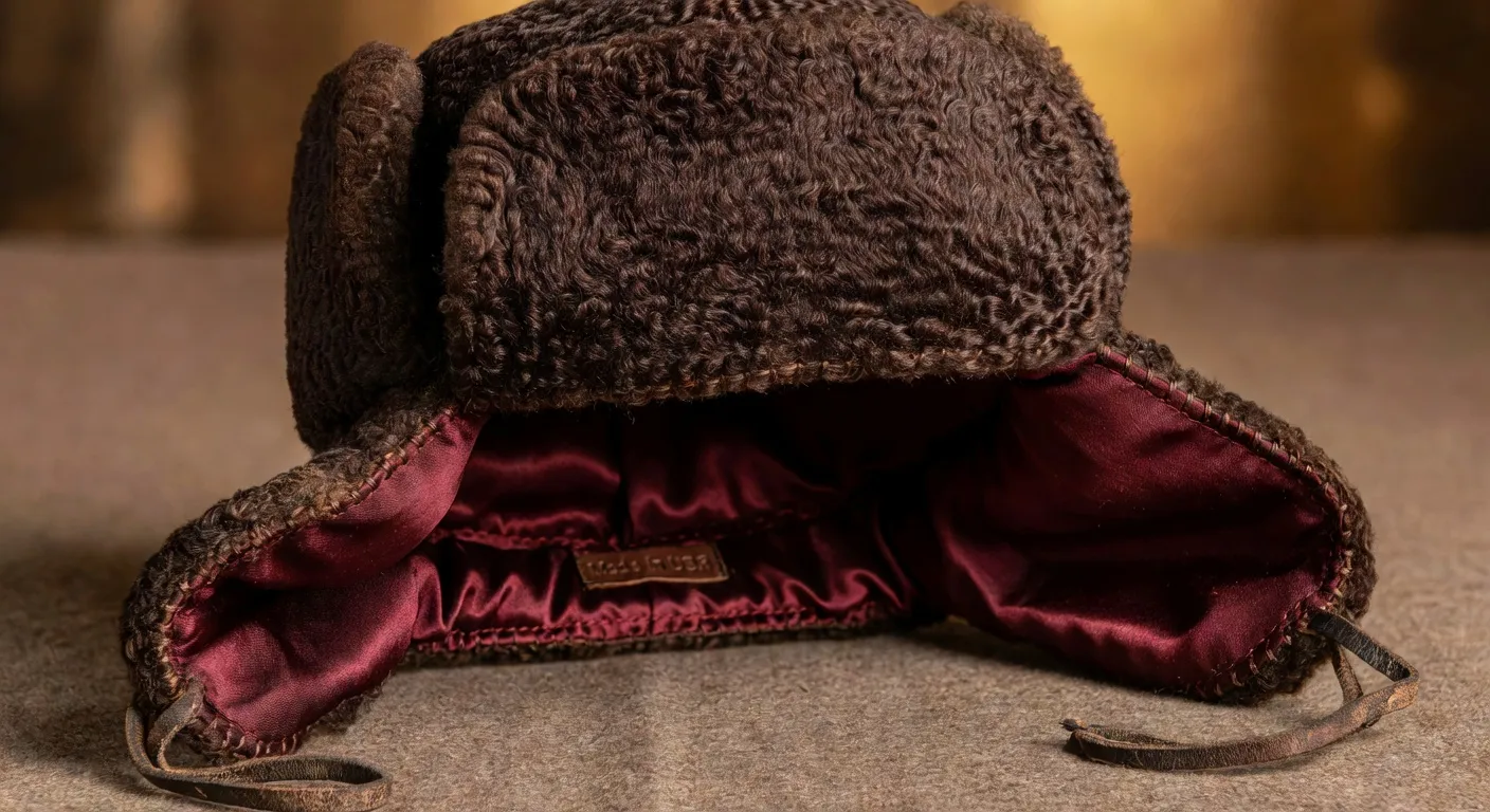 Détail d'une ouchanka soviétique vintage en astrakan brun, coutures artisanales, doublure satin bordeaux