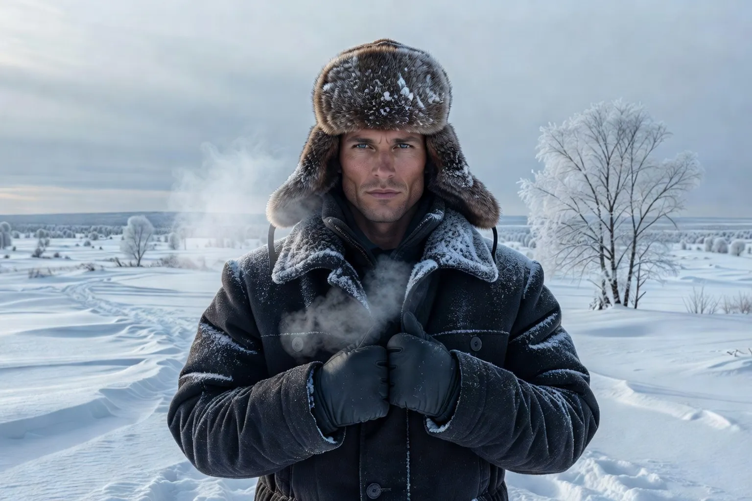 Homme portant une ouchanka russe militaire en fourrure brune devant paysage enneige
