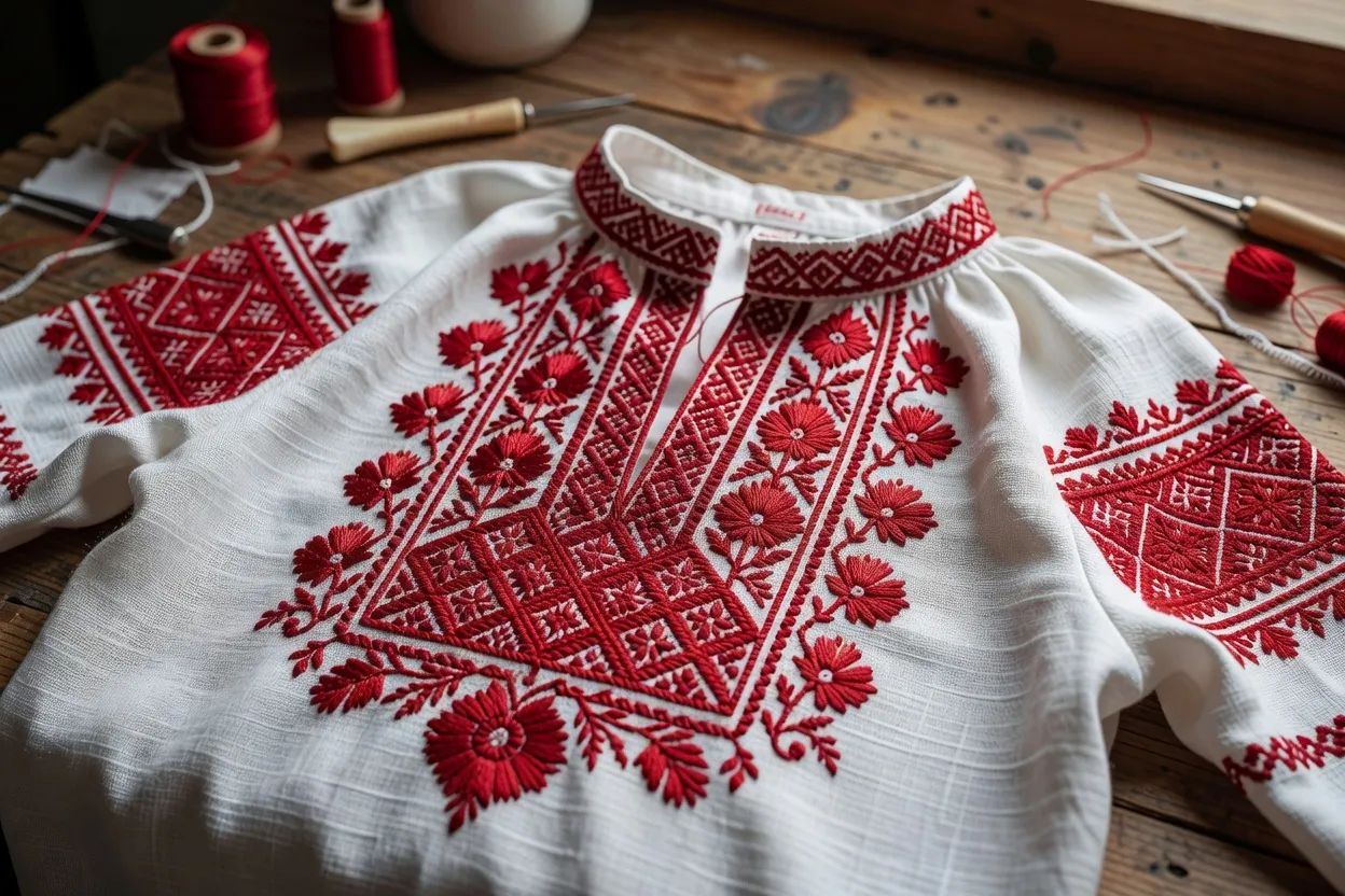 Détail de broderies régionales russes côte à côte Vologda Vladimir Riazan sur lin blanc