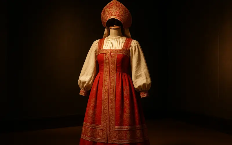 Ensemble de costumes traditionnels russes avec sarafan rouge brode, kosovorotka et kokochnik