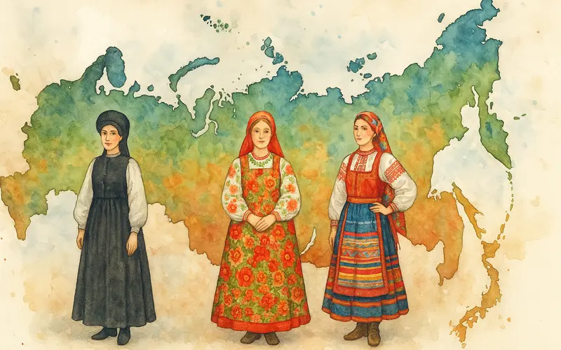 Carte des differences regionales du costume traditionnel russe du Nord au Sud