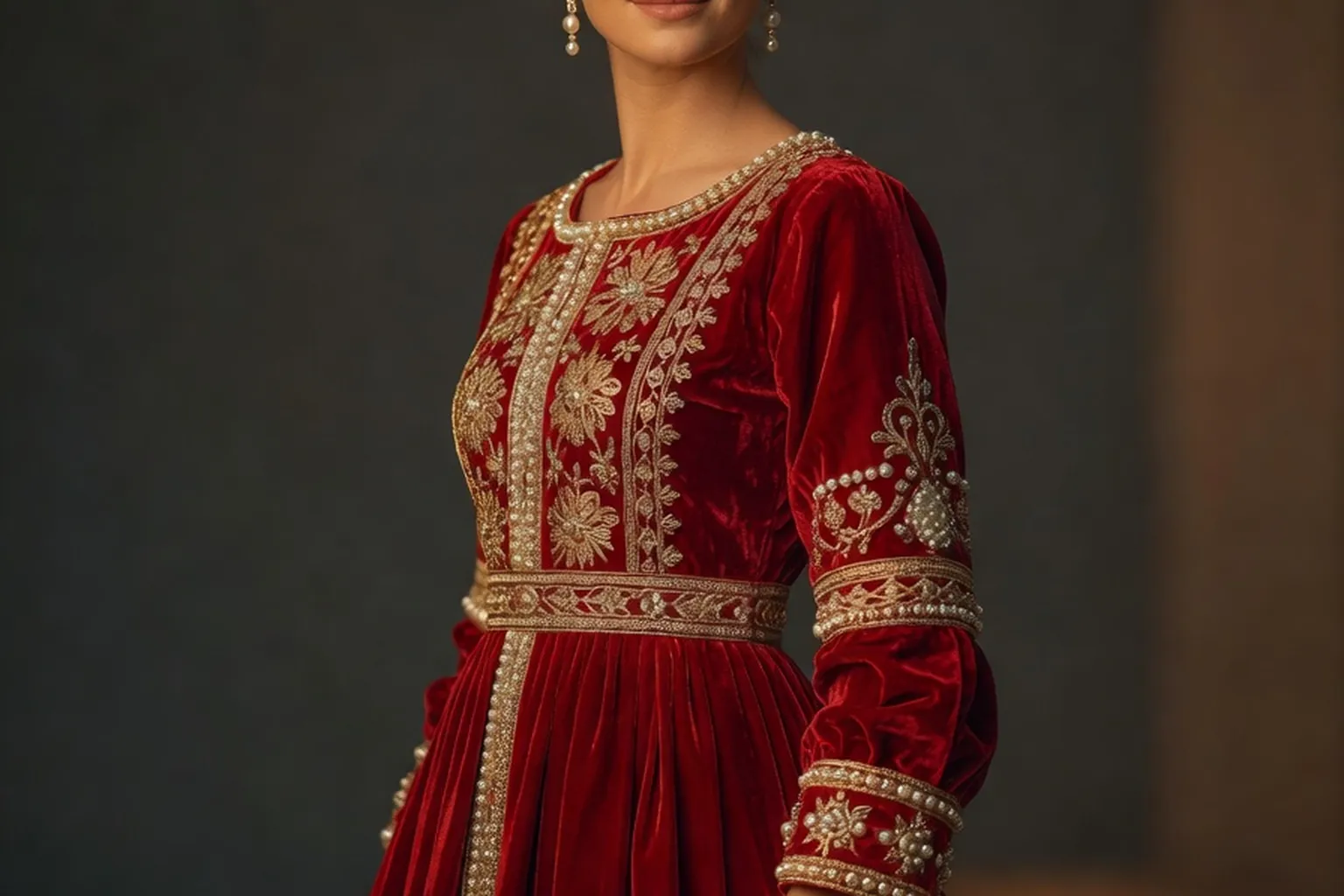 Costume traditionnel russe feminin avec sarafan rouge brode et kokochnik perle