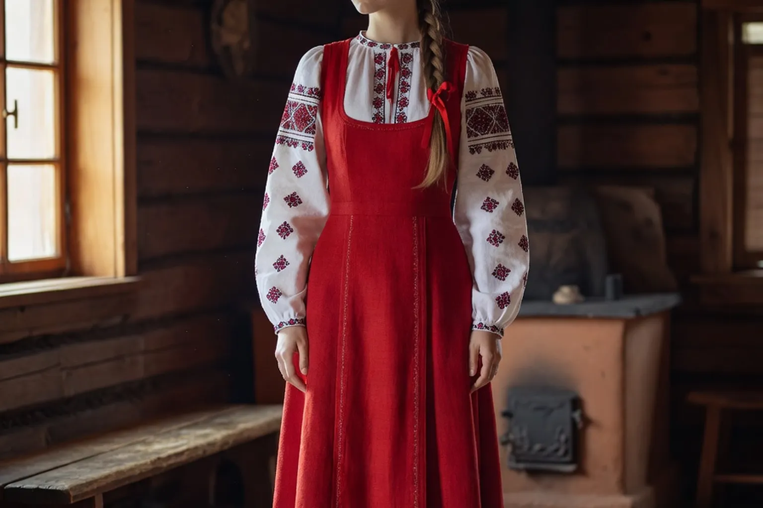 Jeune femme russe en sarafan rouge brode et chemise roubakha blanche