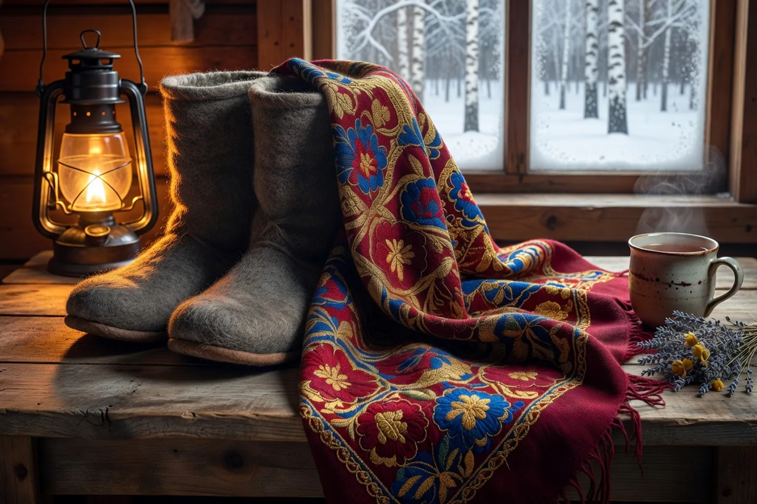Valenki russes bottes en feutre traditionnelles avec chale Pavlovo Possad