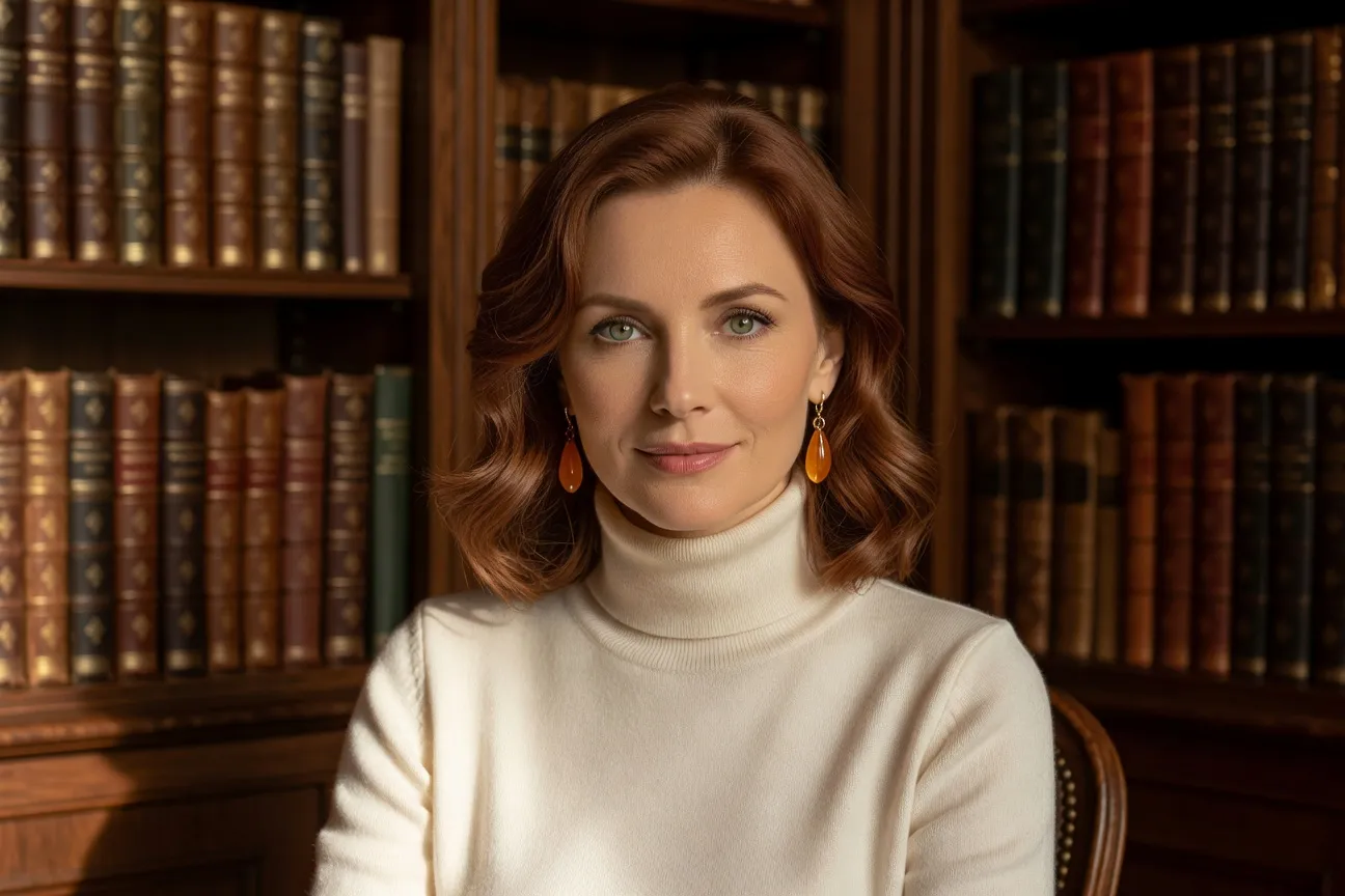 Portrait éditorial d'Anna Volkov, historienne du costume slave, dans sa bibliothèque de référence