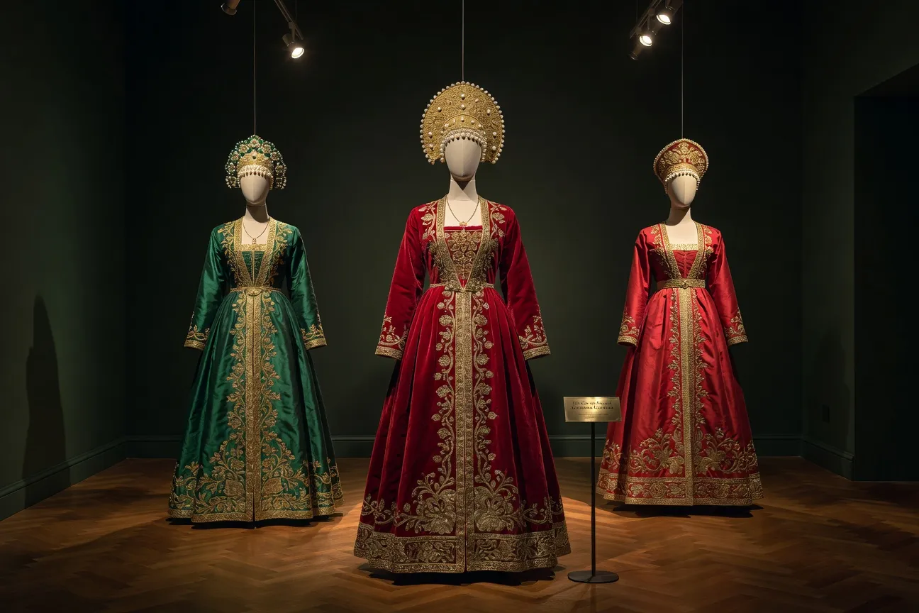 Costumes aristocratiques russes du XIXᵉ siècle exposés au musée — sarafans rouge et émeraude richement brodés, kokochniks à perles
