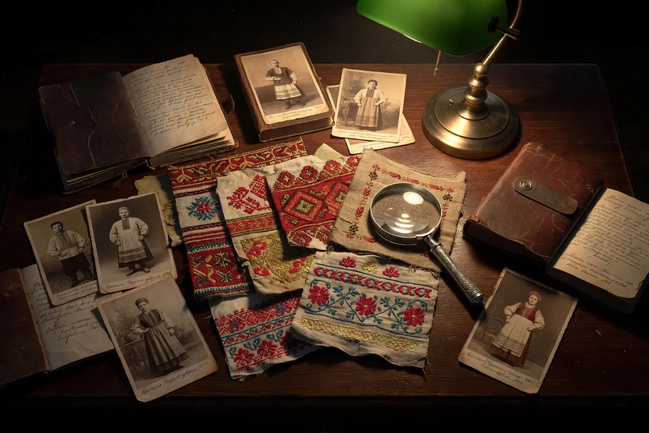Bureau d'historienne avec échantillons textiles et photographies sépia de paysans russes