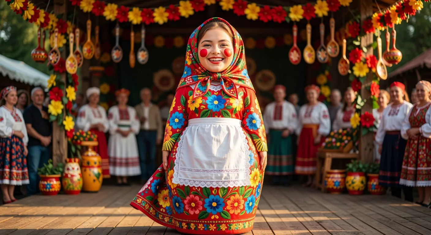 Femme déguisée en matriochka géante colorée, robe ovoïde rouge à fleurs, foulard fleuri, joues rouges, fond festif