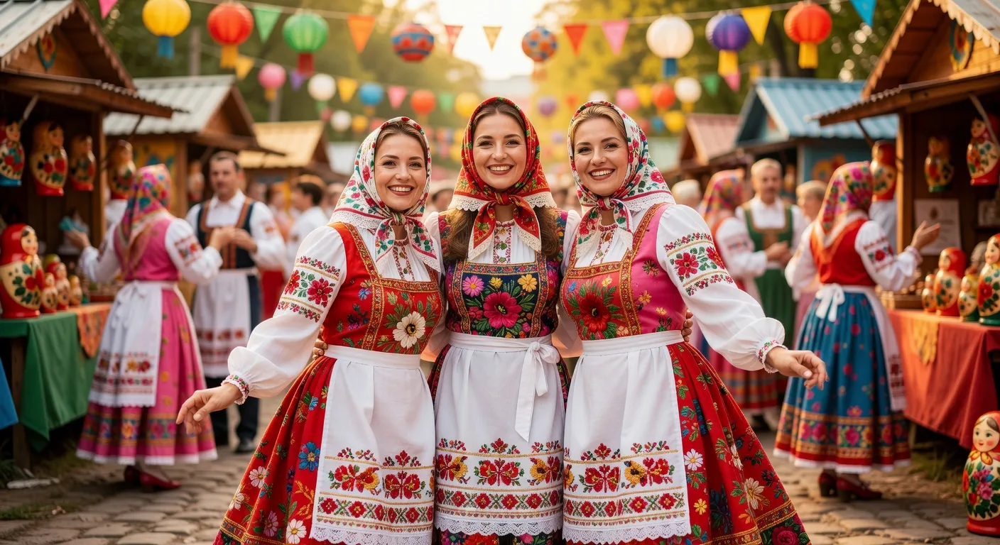 Groupe de trois amies déguisées en matriochkas de différentes tailles, costumes floraux coordonnés rouge rose et blanc, accessoires brodés