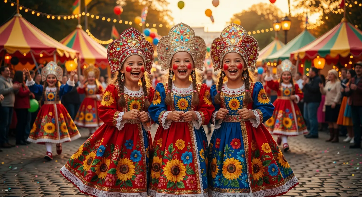 Trois fillettes déguisées en matriochkas rouges et bleues de différentes tailles, kokochniks pailletés, ambiance carnaval joyeuse