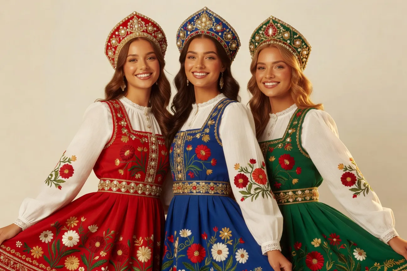 Trois jeunes femmes en déguisement folklorique russe coloré, sarafans rouge et bleu, kokochniks à perles, ambiance festive