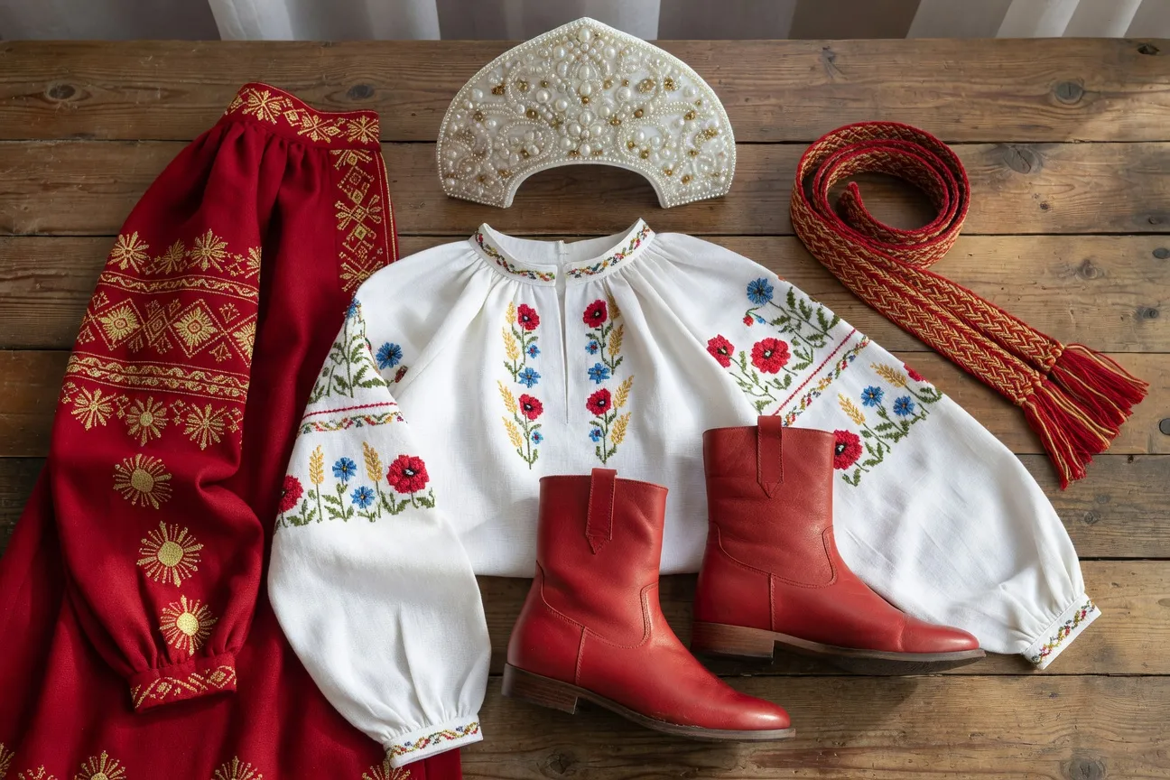 Flat-lay d'un kit complet de déguisement russe : sarafan rouge brodé, blouse blanche, kokochnik perles, ceinture tressée, bottes en cuir rouge