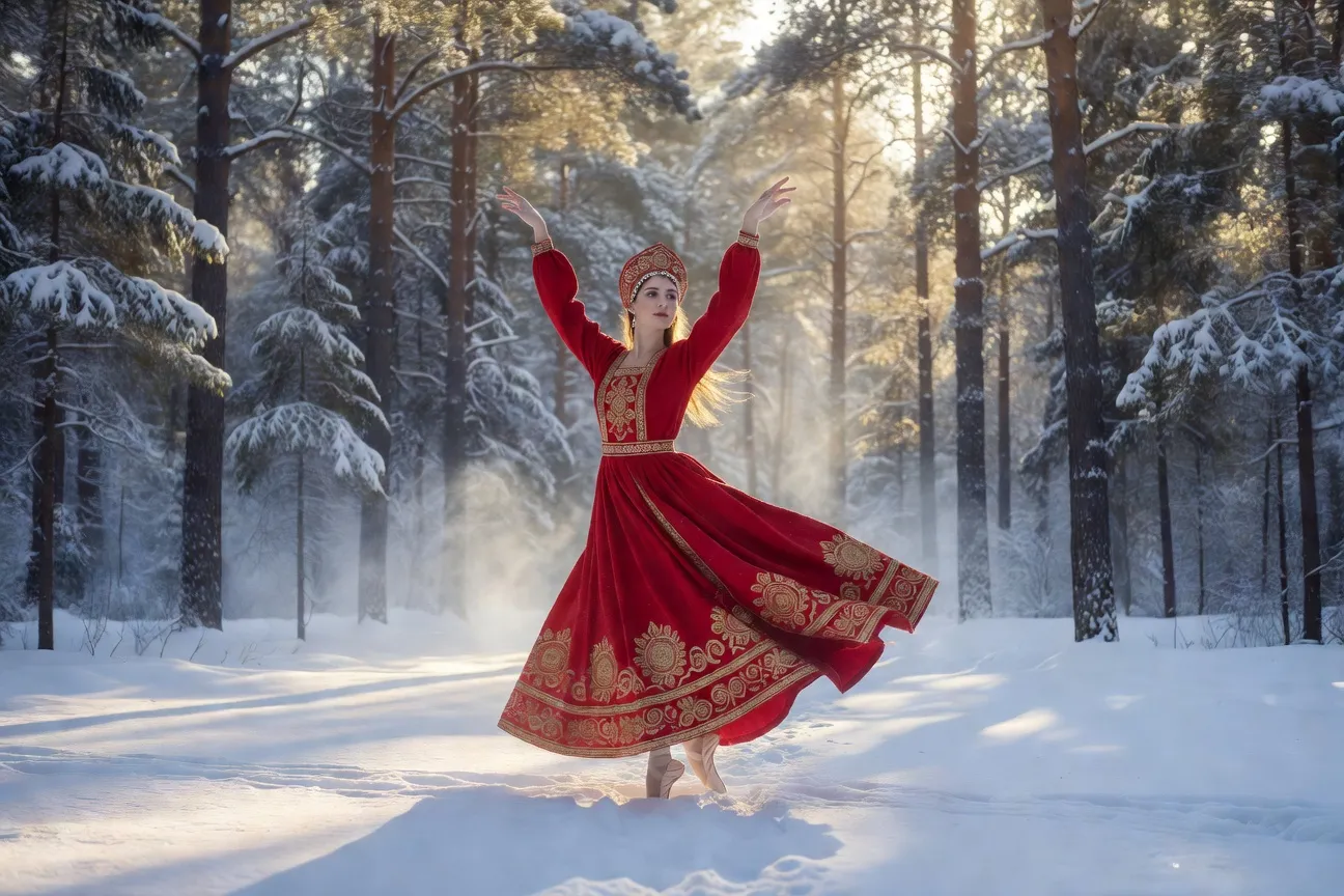 Jeune femme en sarafan rouge brodé et kokochnik dansant dans une forêt enneigée, pose ballet, ambiance féerique