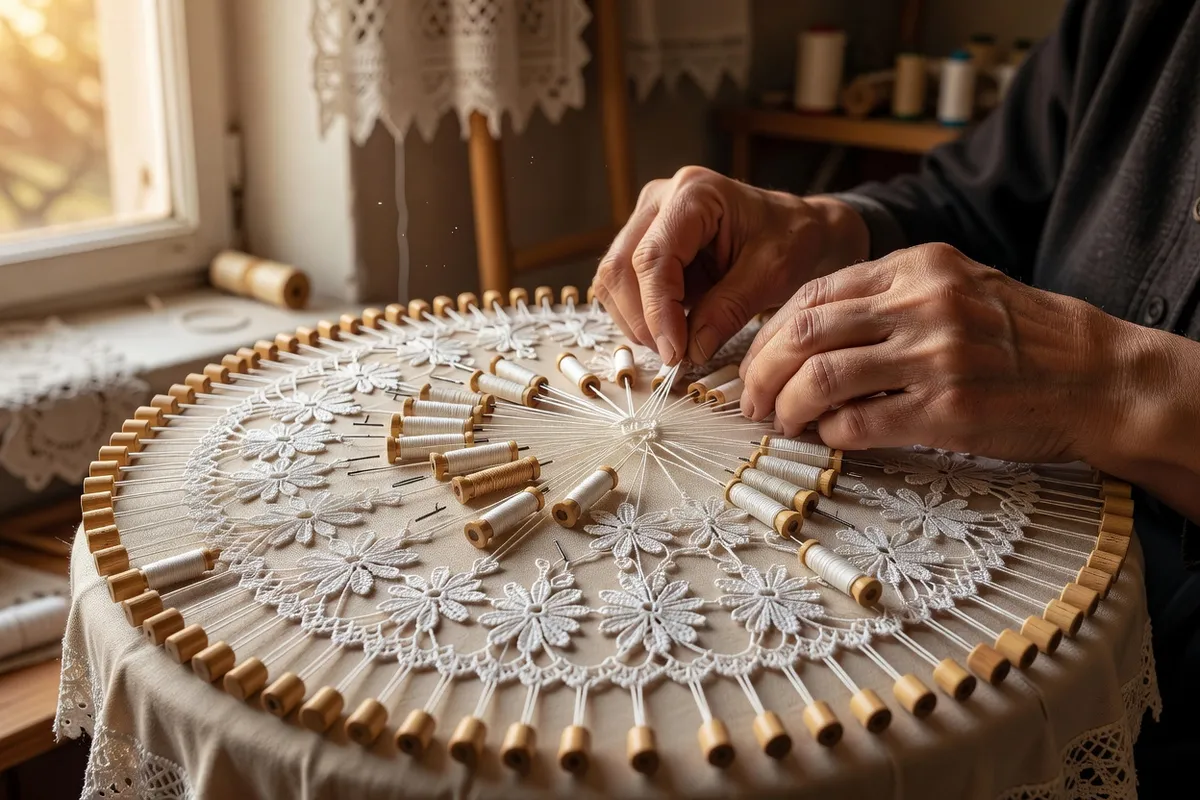Dentellière russe tissant de la dentelle de Vologda au fuseau, motifs floraux blancs