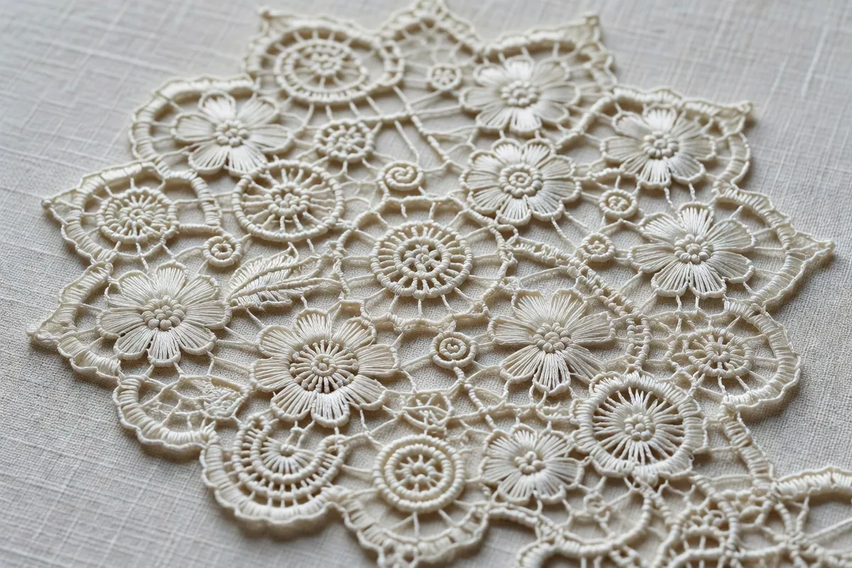 Détail de dentelle de Vologda avec motifs floraux stylisés sur fond de lin