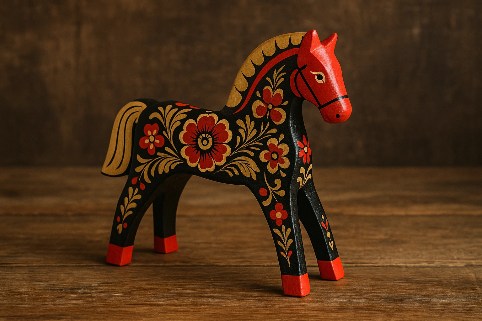 Cheval de bois peint dans le style Gorodets avec fleurs rouges et or sur fond noir