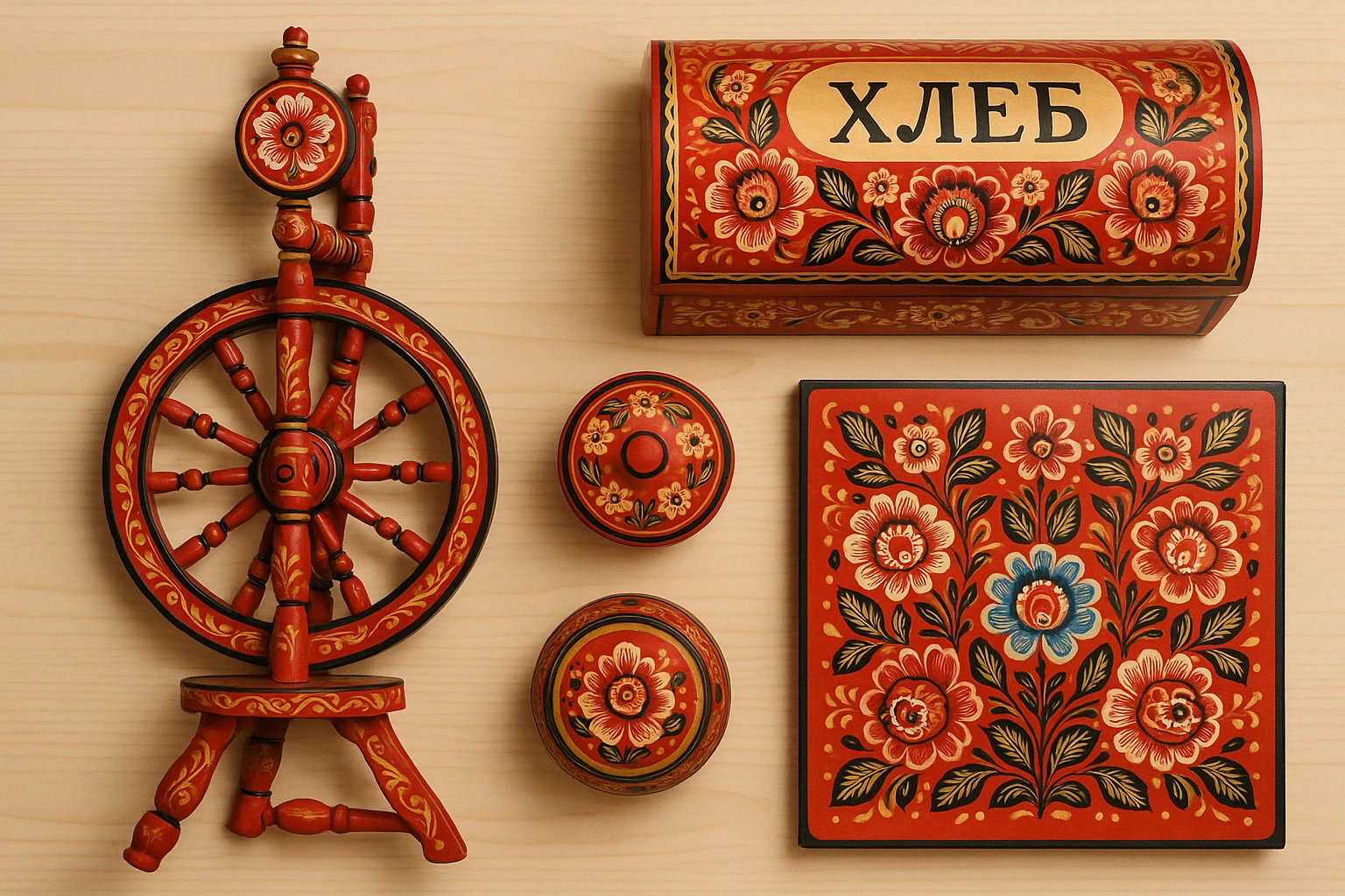 Artisan russe peignant un coffret en bois dans l'atelier Gorodetskaya Rospis