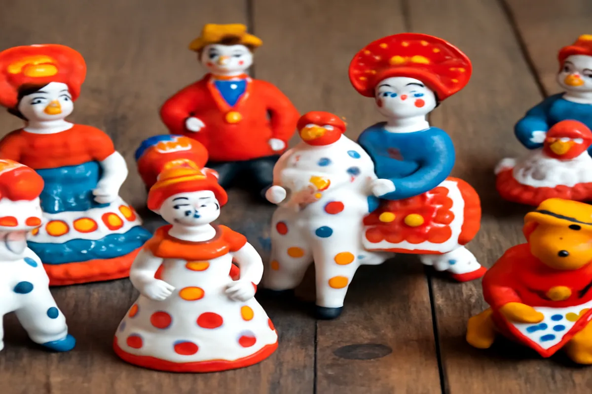 Figurines de Dymkovo en argile peinte aux couleurs vives, motifs a pois