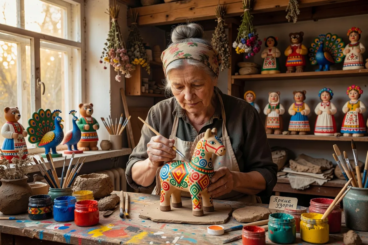 Artisane russe peignant à la main une figurine de Dymkovo en argile